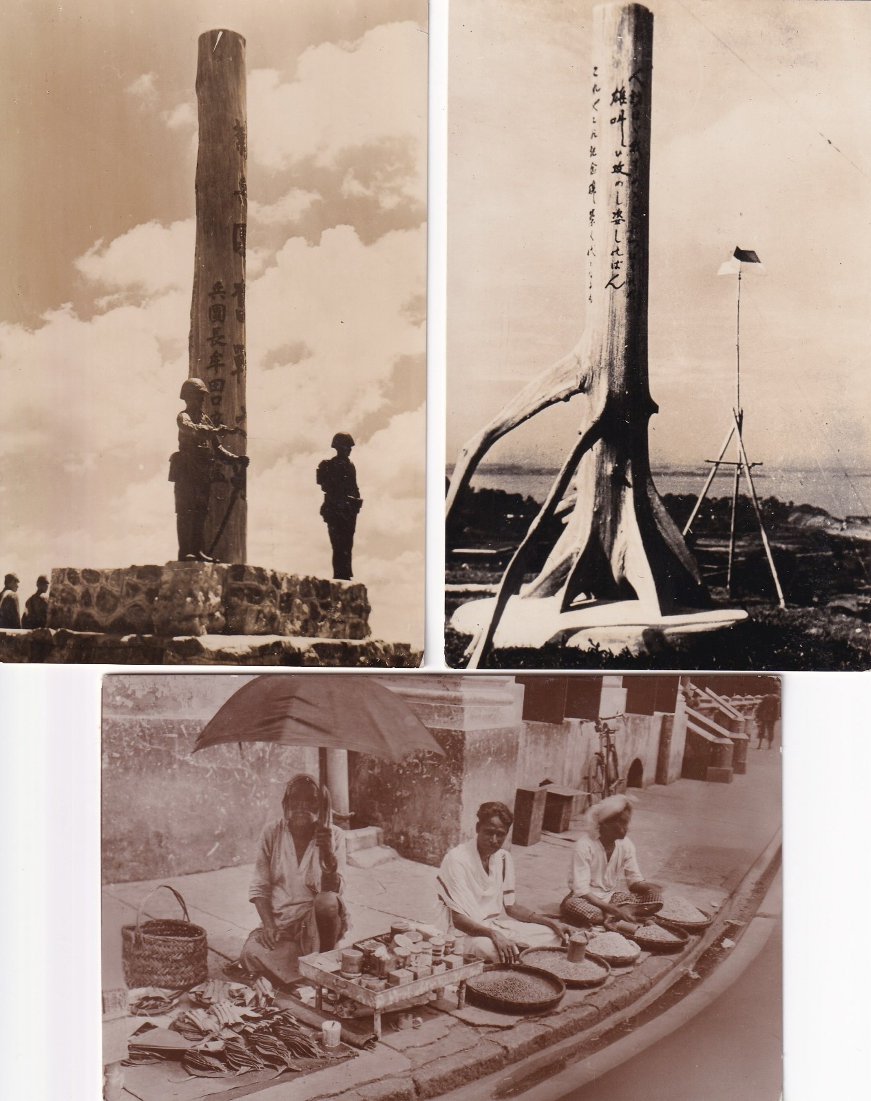 Three real photographic postcards from the Japanese occupation: Mutaguchi monument, Maeda memorial and a Syonan street vendor